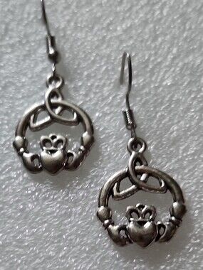 Hand Crafted Silver-Tone Claddagh Celtic Drop Earrings